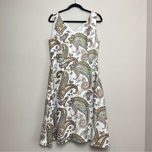 Premise White Brown Paisley Boho Lagenlook Linen Blend Mini Zipper Dress Sz 10